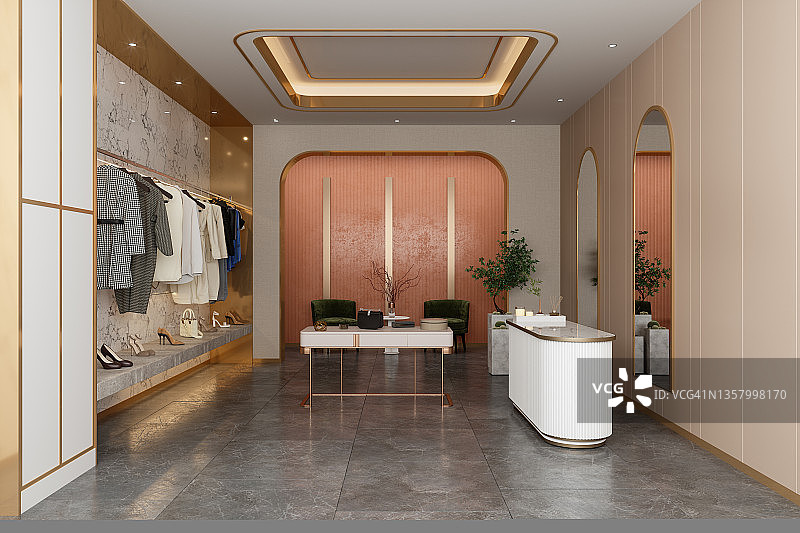 豪华服装店内部，展示服装、鞋子及配饰图片素材