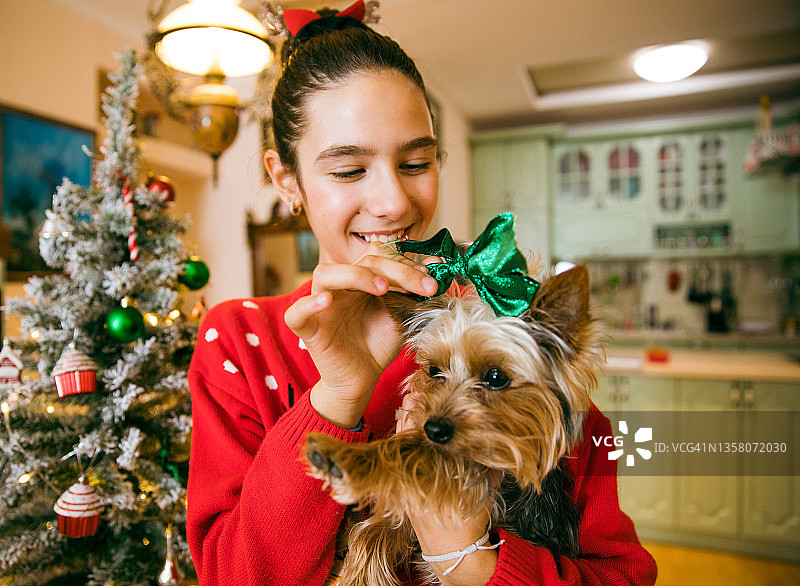 和她的狗狗共度圣诞时光图片素材