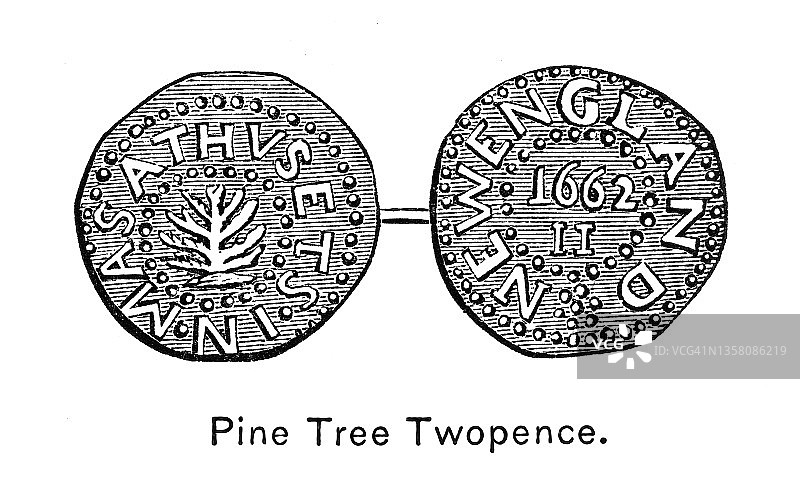 古版画：钱币学 - 双便士松树币 (1662)图片素材