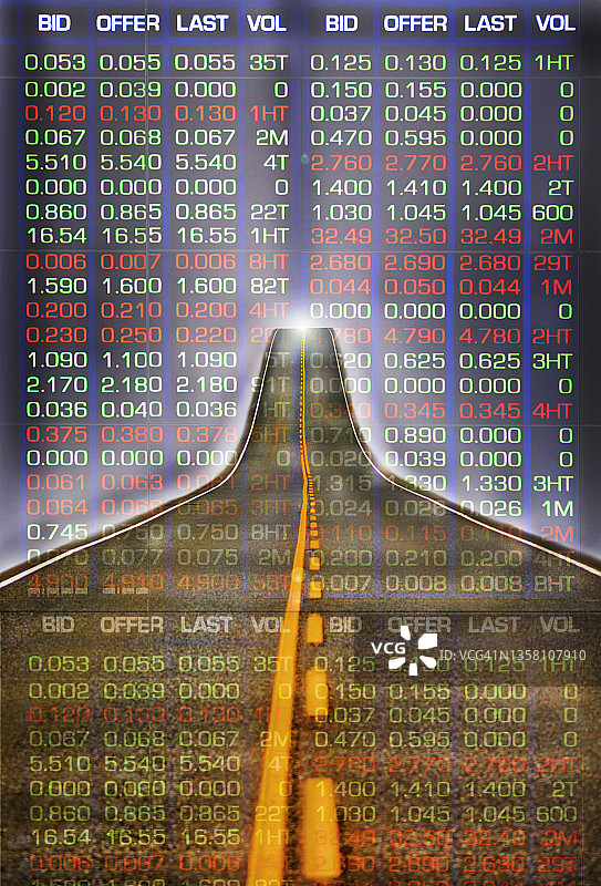 合成图像：无限延伸的道路与股票信息图片素材