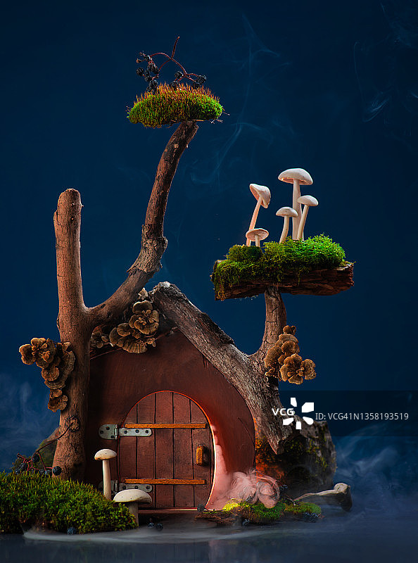 蘑菇上的小门，童话王国概念图片素材