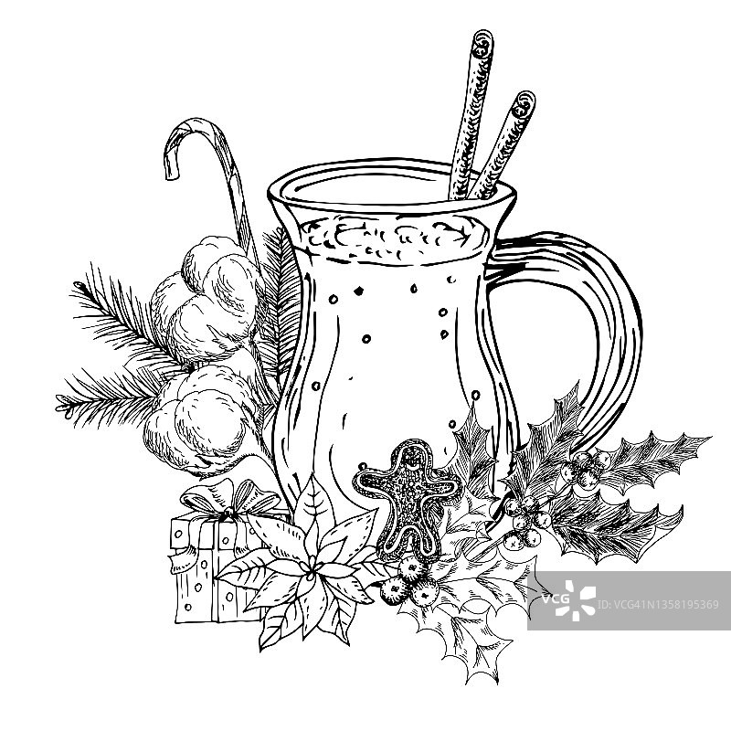 圣诞节蛋奶酒、冬青树枝、一品红、姜饼人、礼品盒、棉花植物、肉桂棒矢量图图片素材