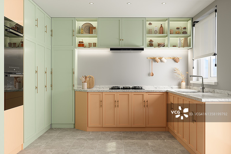带有彩色橱柜的现代厨房内饰图片素材