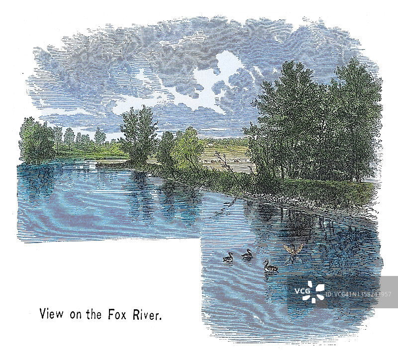 伊利诺伊河支流福克斯河景观古版画图片素材