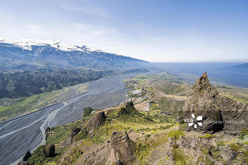 冰岛高地山谷冰川河及埃亚菲亚德拉冰盖全景图片素材