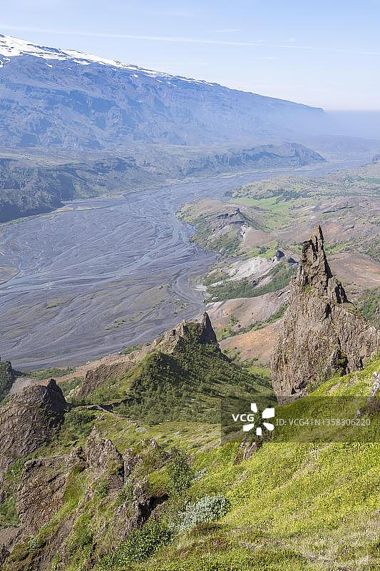 冰岛高地山谷冰川河及埃亚菲亚德拉冰盖全景图片素材