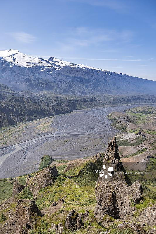 冰岛高地山谷冰川河及埃亚菲亚德拉冰盖全景图片素材