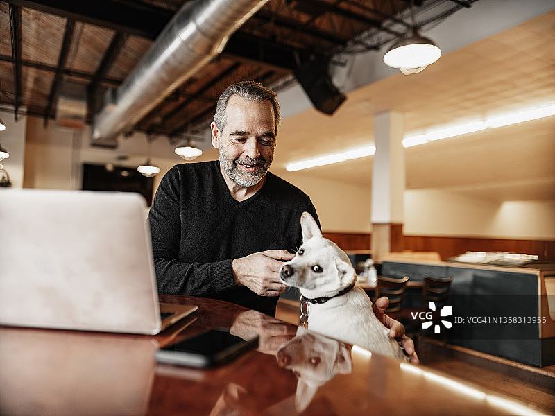 小酒吧老板和他的小狗一起工作图片素材