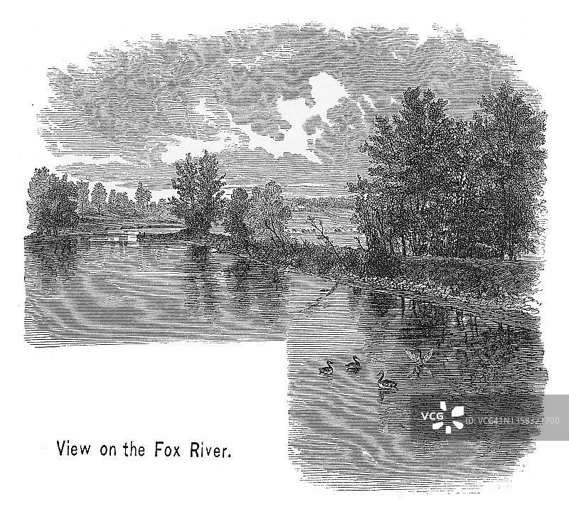 伊利诺伊河支流福克斯河景观古版画图片素材