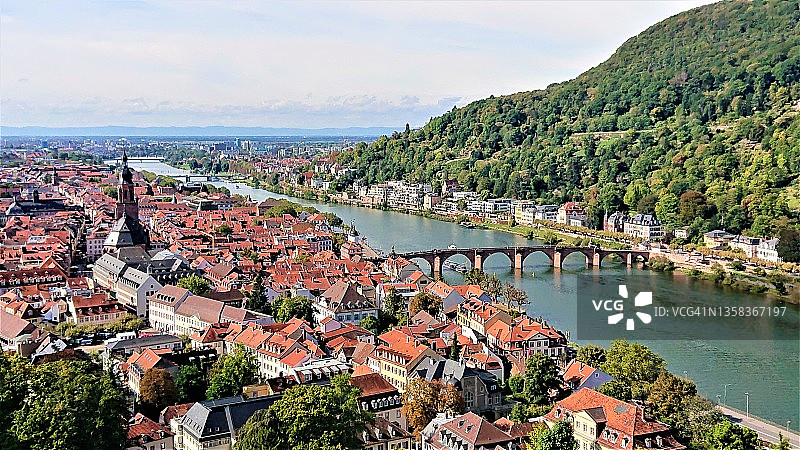 海德堡城市内卡河和老桥全景图片素材