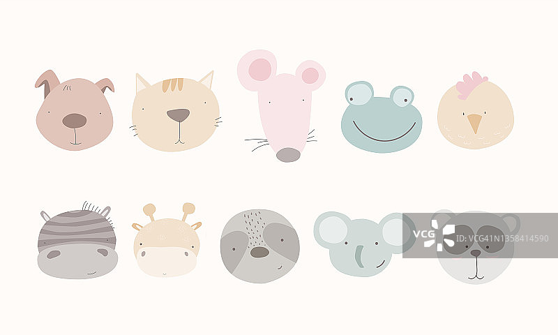 可爱动物头像合集：卡通动物园，卡通风格的动物角色，包含狗、猫、老鼠、青蛙、鸡、斑马、长颈鹿、大象、熊猫矢量图图片素材