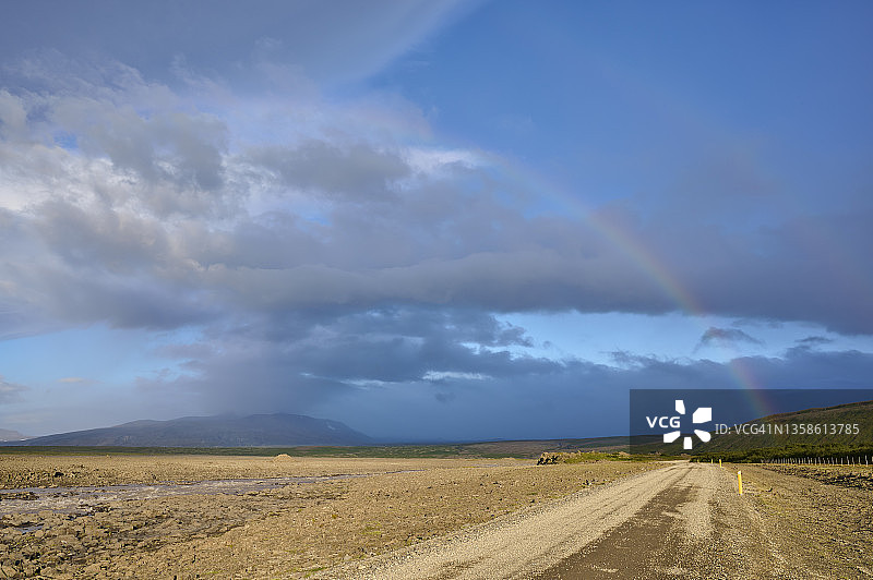 冰川河流经玄武岩景观，彩虹，胡萨费尔，卡尔迪达鲁尔，西区，冰岛图片素材