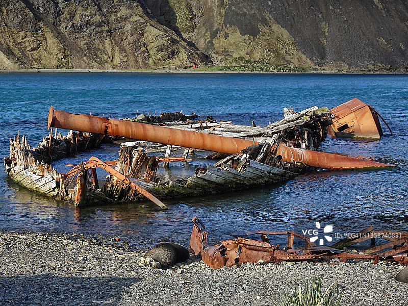 岸边锈迹斑斑的废弃船只图片素材