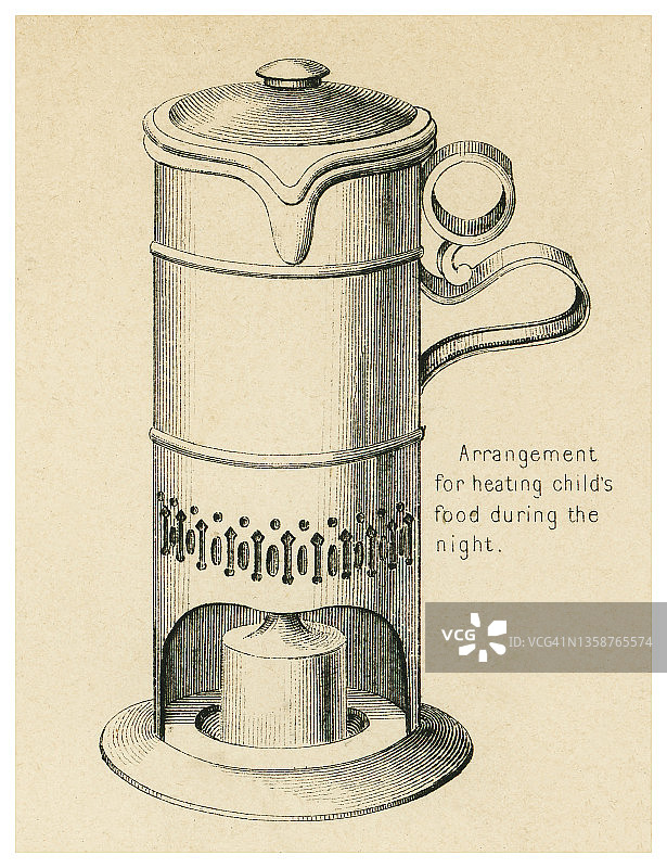育儿用品的古老雕刻插图 - 用于夜间加热儿童食物的装置图片素材