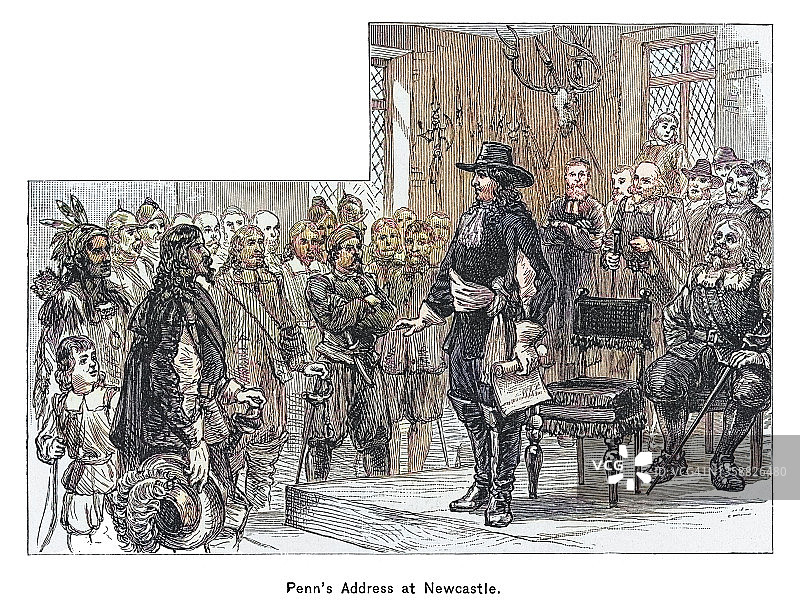威廉·佩恩在新城堡特拉华州向瑞典殖民者发表讲话的古老雕刻插图图片素材