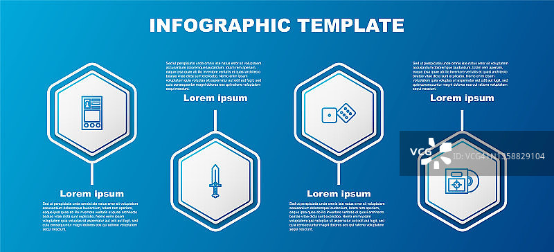 创建帐户屏幕、游戏剑、游戏骰子和CD DVD光盘盒商业信息图表模板线条图案（矢量图）图片素材