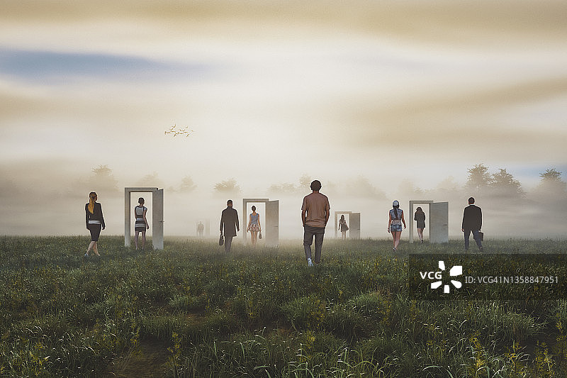 超现实主义抽象门与离开的人们图片素材