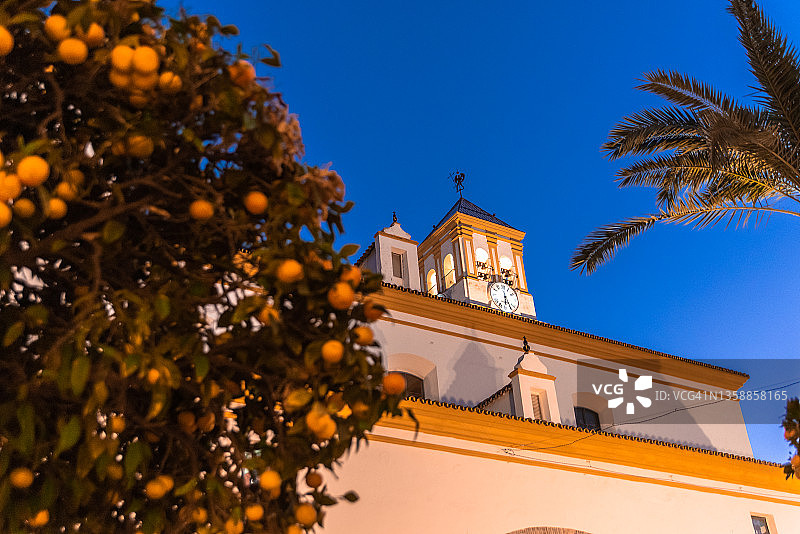 马拉加马贝拉的橘子树和恩卡纳西翁教堂图片素材