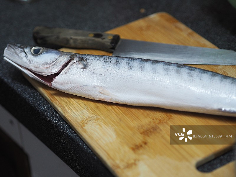 钝头鲬鱼和刀在木制案板上，烹饪食物图片素材