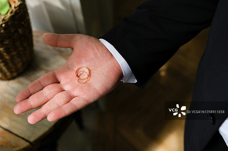 穿着奢华西装的新郎手托结婚戒指特写图片素材