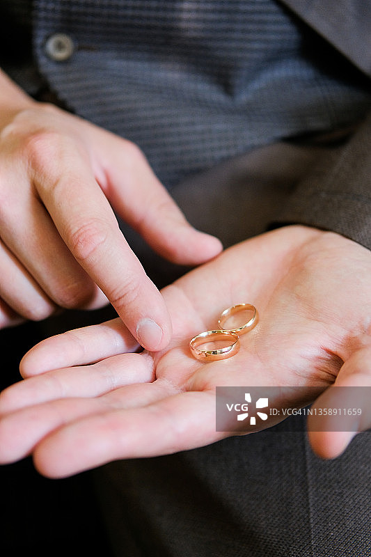 穿着奢华西装的新郎手托结婚戒指特写图片素材