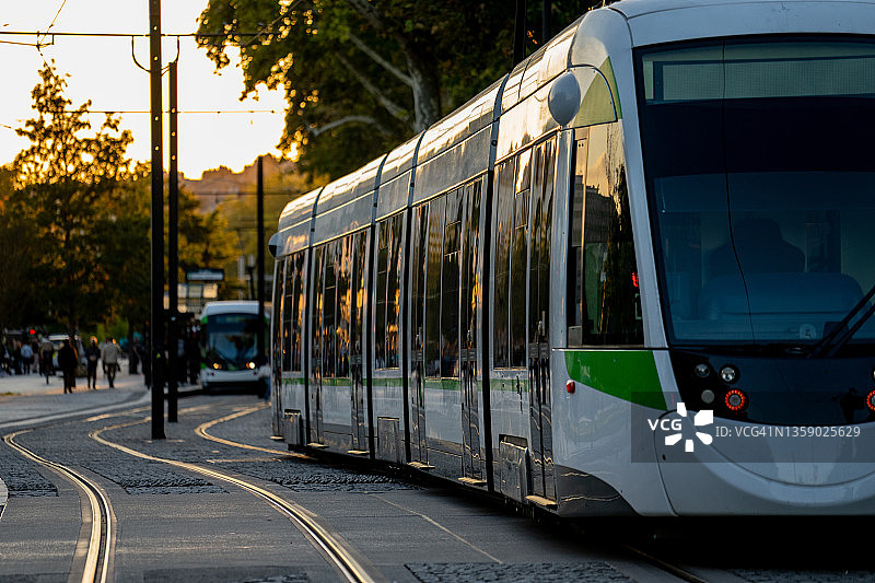 日落时分繁忙的绿树成荫旅游街道上的城市公交车图片素材