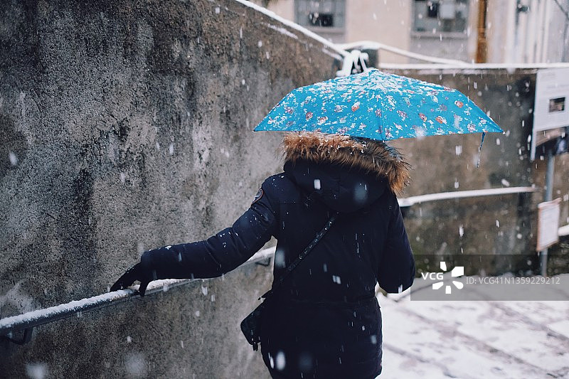 下雪时撑着伞下楼梯的女孩图片素材