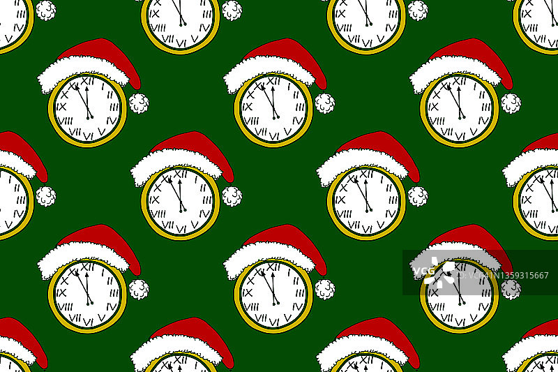 复古手表的表盘设置为除夕夜的12点。圣诞时钟戴着圣诞老人帽子或帽子，在绿色背景上。分针设置在新年之前的五分钟。无缝图案。节日包装纸模板。图片素材