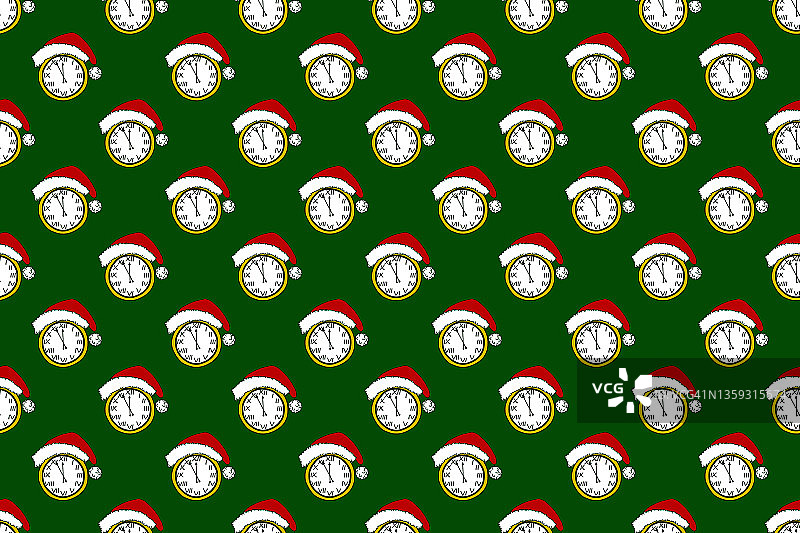 复古手表的表盘设置为除夕夜的12点。圣诞时钟戴着圣诞老人帽子或帽子，在绿色背景上。分针设置在新年之前的五分钟。无缝图案。节日包装纸模板。图片素材
