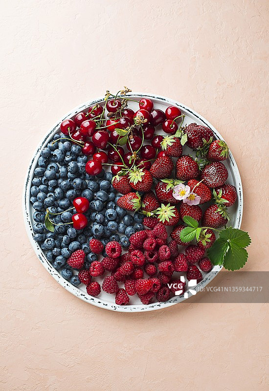 彩色表面盘子上的新鲜浆果和樱桃图片素材