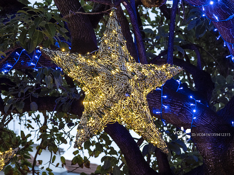 拉帕尔马岛上装饰着星星和圣诞灯饰的公园树木图片素材