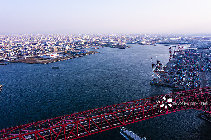 黄昏时分的工业城市景观和港区大桥鸟瞰图图片素材