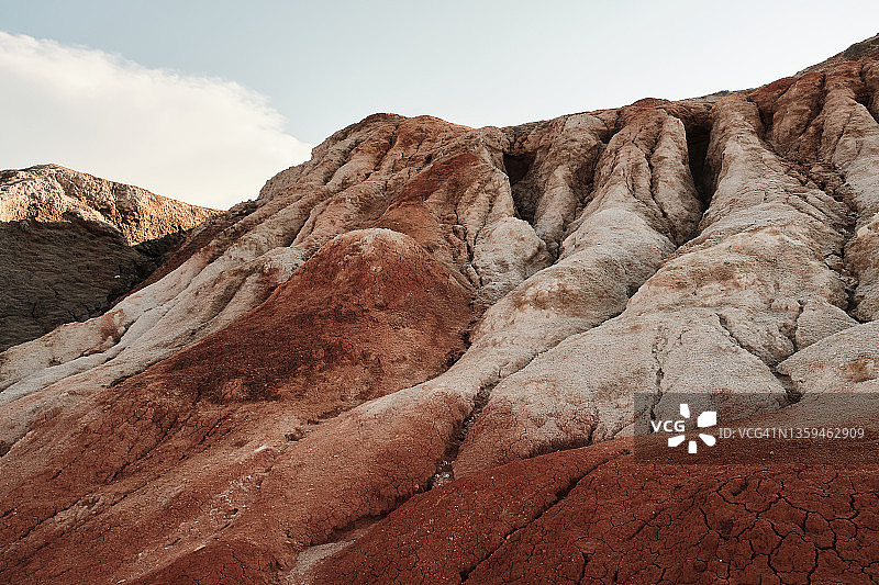 末日般的超现实乌拉尔景观，类似火星表面。冻结的红棕色地表，贫瘠、龟裂和烧焦的土地，全球变暖的概念，耐火粘土采石场背景。图片素材