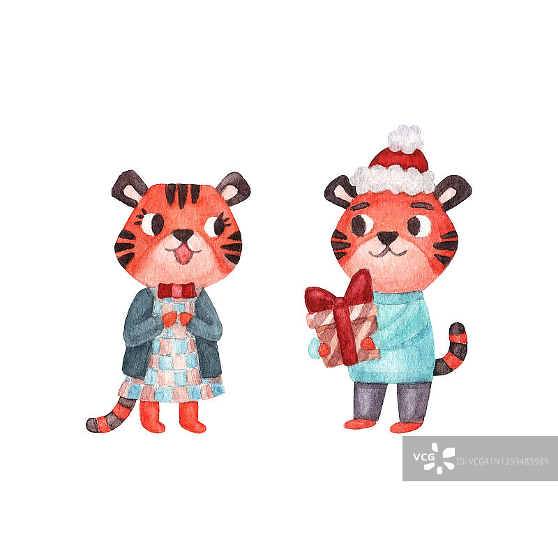 水彩卡通老虎圣诞送礼物新年插画图片素材