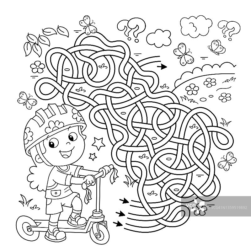 迷宫游戏：卡通女孩与滑板车图片素材
