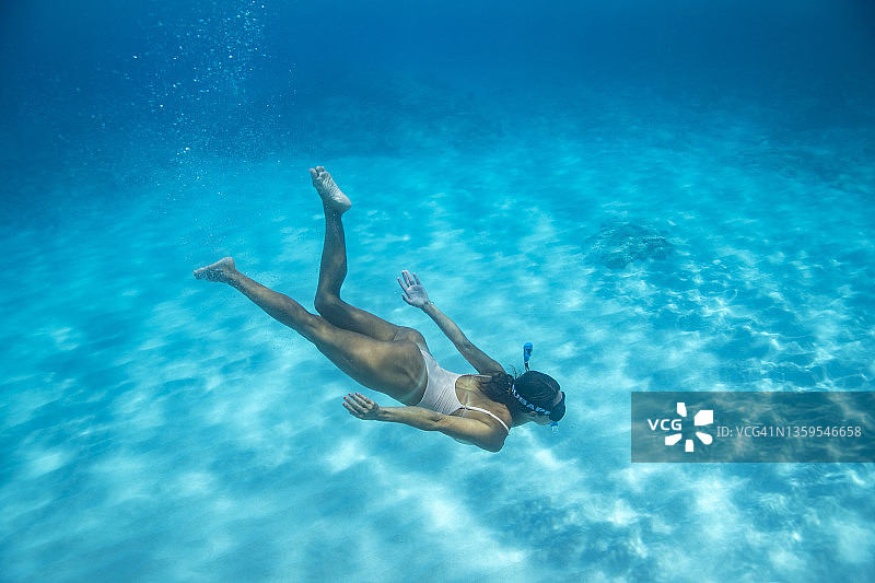 在蓝色夏威夷水域中水下游泳的女人图片素材
