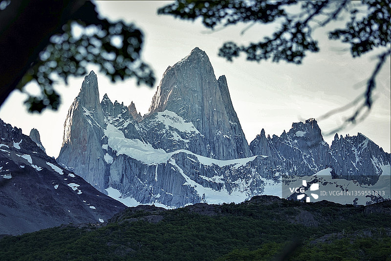 日落时分树丛中的菲茨罗伊峰图片素材