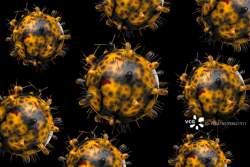 冠状病毒或covid-19的 奥密克戎变种。在黑色背景上有多个副本的计算机生成的图像。图片素材