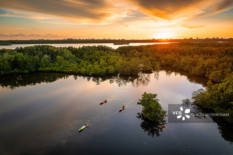 航拍：日落时分，人们在红树林环绕的运河中划皮划艇图片素材