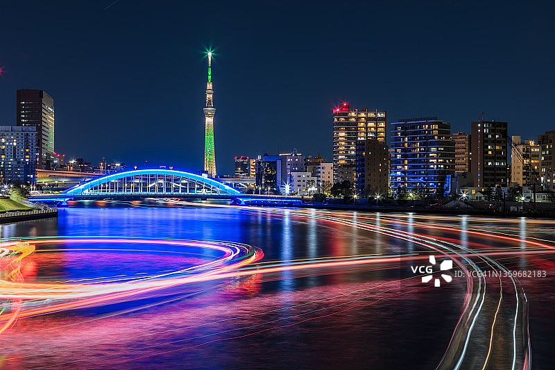 东京隅田川上，摩天大楼和船屋灯光夜景图片素材