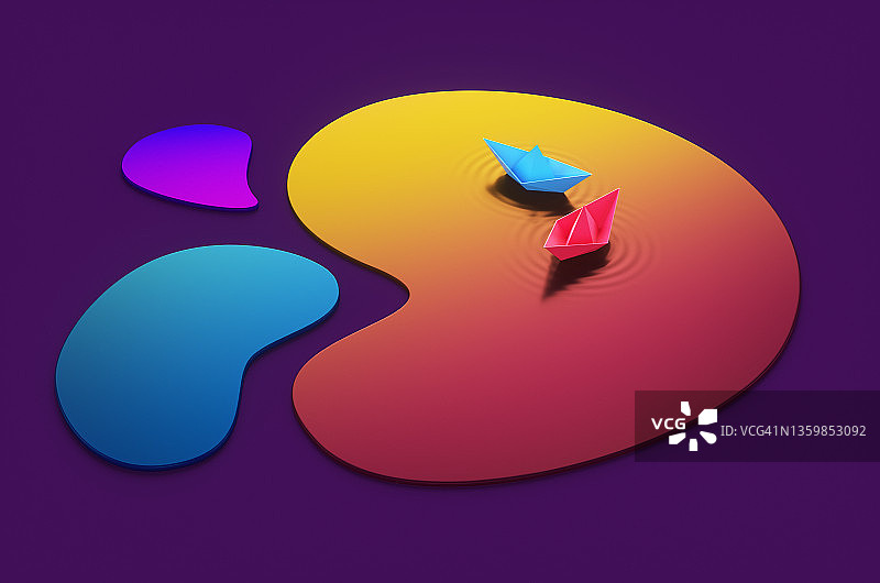 紫色背景抽象渐变湖上的两艘纸船图片素材