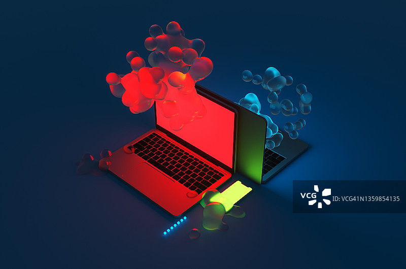 蓝色霓虹灯背景下水滴中的抽象双笔记本电脑和智能手机图片素材