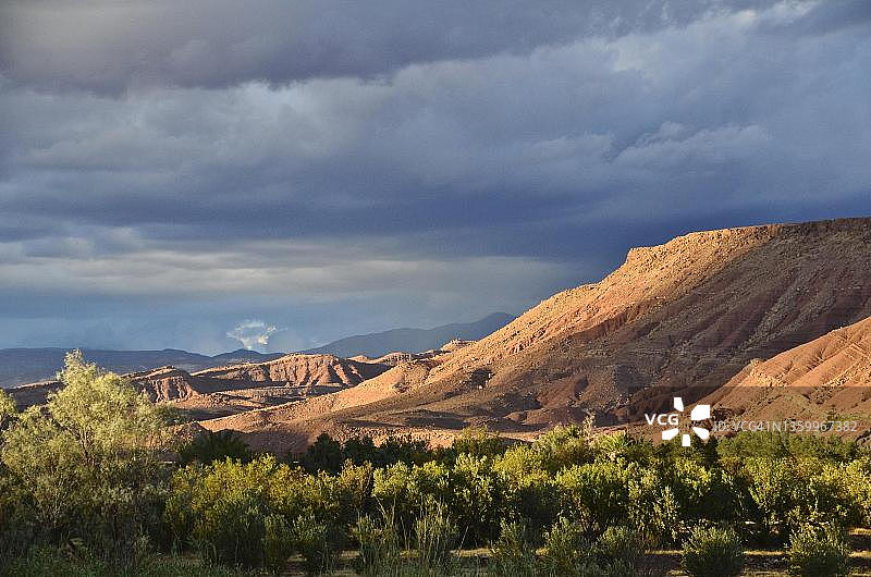 傍晚阳光下的德拉谷，树木和低矮的山脉，摩洛哥图片素材