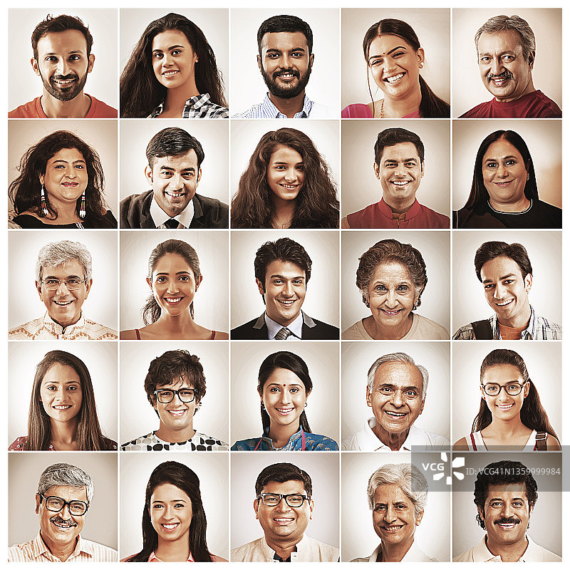 不同年龄和种族的微笑人脸拼贴图片素材