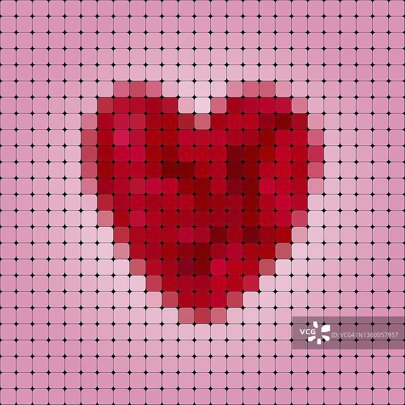 粉色背景上的红色像素化爱心，由圆形方块组成的抽象网格背景图片素材