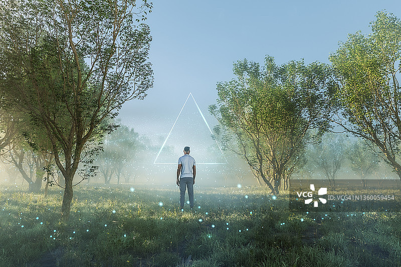 超现实抽象通道，男子站在梦幻般的风景中图片素材