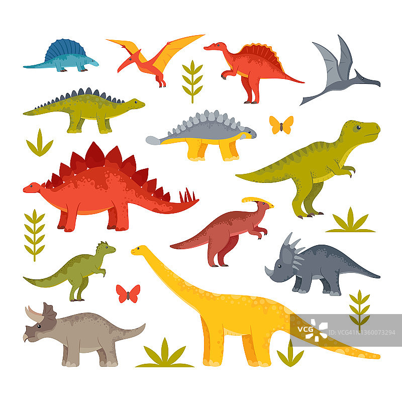 可爱的恐龙宝宝，龙和有趣的恐龙角色套装。霸王龙，剑龙，翼龙，雷龙图片素材