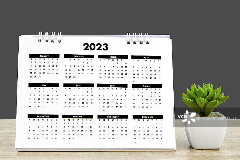 2023年日历，木桌植物与规划图片素材