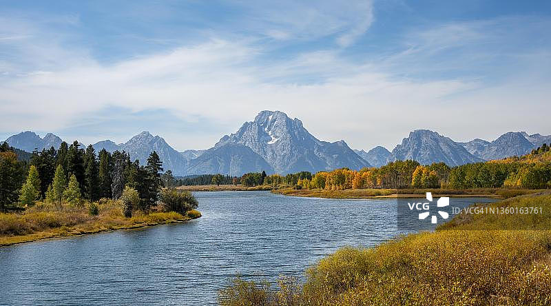 蛇河在奥克斯博弯道的河湾，秋季，莫兰山在后方，提顿山脉，美国怀俄明州大提顿国家公园图片素材