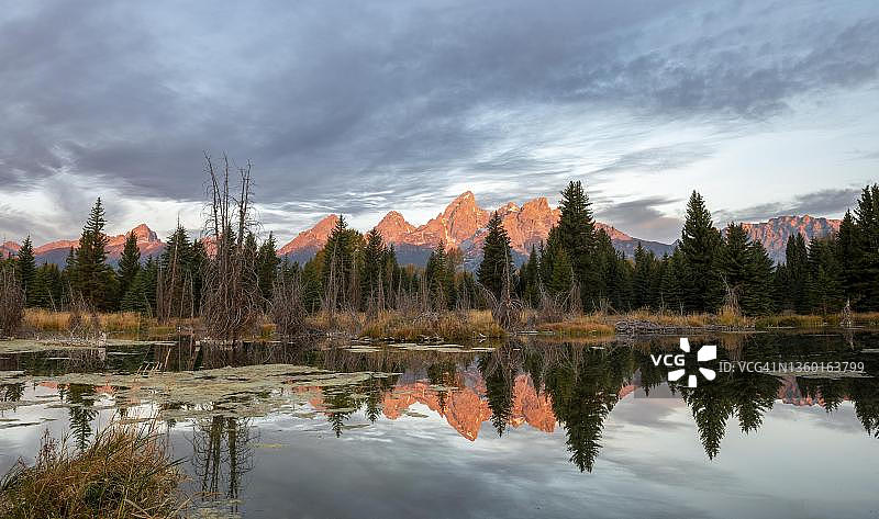 大提顿国家公园日出时分的山峰，湖面倒影，秋季植被，施瓦巴克登陆点，美国怀俄明州图片素材
